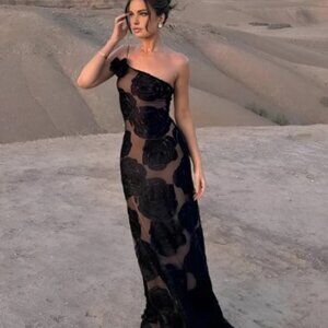 Elegant Black Floral One-Shoulder Dress